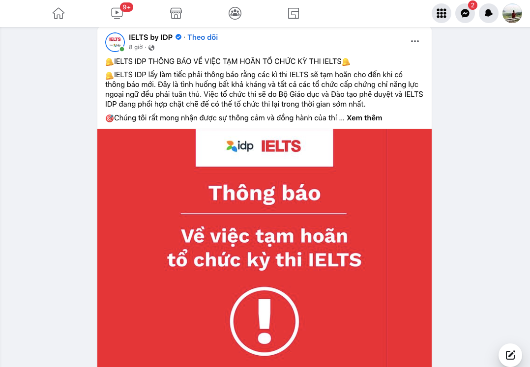 Thông báo được đăng tải trên fanpage của IDP