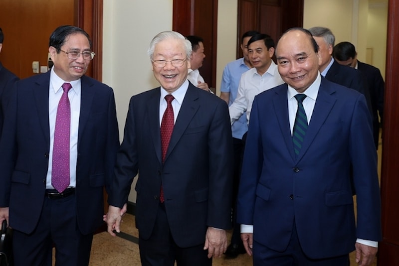 Tổng Bí thư Nguyễn Phú Trọng, Chủ tịch nước Nguyễn Xuân Phúc, Thủ tướng Chính phủ Phạm Minh Chính cùng các đại biểu dự Hội nghị - Ảnh: VGP