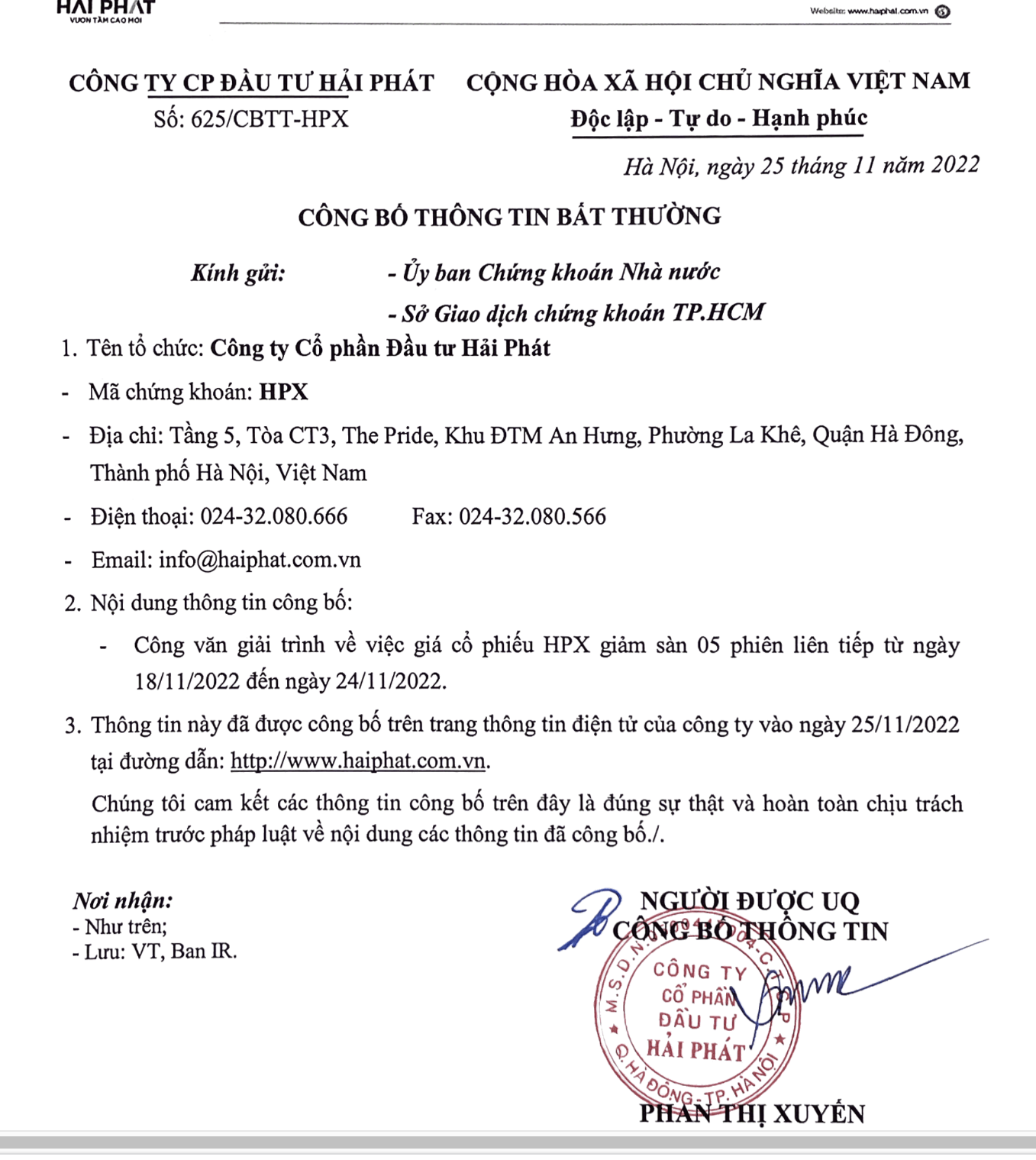 Văn bản giải trình cổ phiếu HPX liên tục giảm sàn thời gian qua