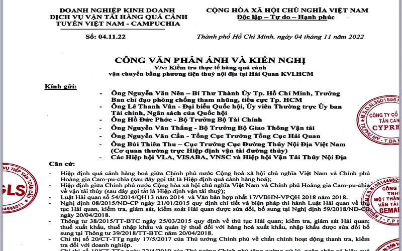 Ảnh chụp công văn phản ánh của các doanh nghiệp vận tải gửi các cơ quan chức năng