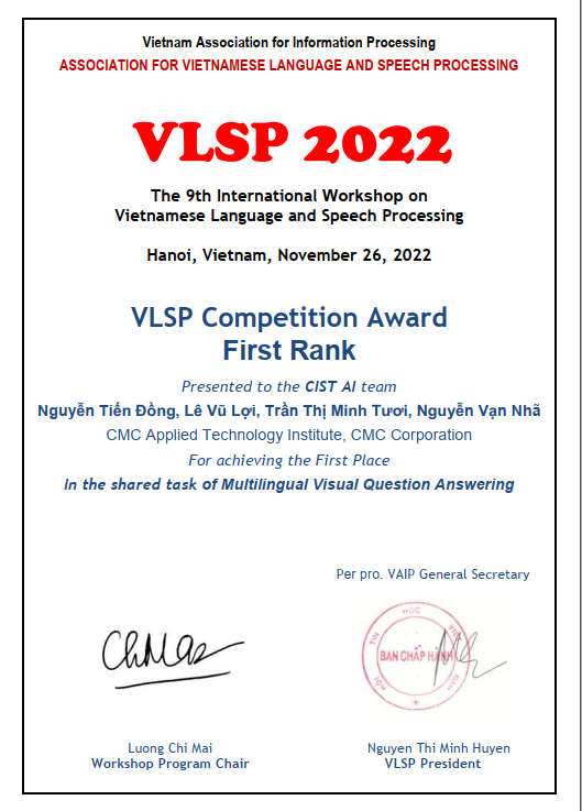 Viện CMC ATI giành giải Nhất tại cuộc thi “Hỏi đáp trực quan đa ngôn ngữ dựa trên hình ảnh” trong khuôn khổ chương trình VLSP 2022.