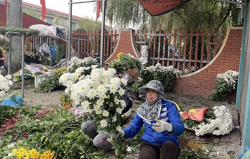 Thoăn thoát nhặt lá úa và bó hoa, chị Nguyễn Thị Lan, một tiểu thương của chợ vui vẻ kể: “Đã thành lệ, thành thói quen rồi, không ra chợ là thấy thiếu vắng gì đó. Hàng ngày, cứ nửa đêm là tiểu thương chúng tôi lại dậy để chuẩn bị hàng. Mỗi bông, mỗi bó hoa đều phải trau chuốt như vầy để sẵn sàng đón khách mua. Chợ Tết thì luôn đông vui hơn ngày thường, nhiều nhất là từ 27, 28, 29 tháng Chạp”.