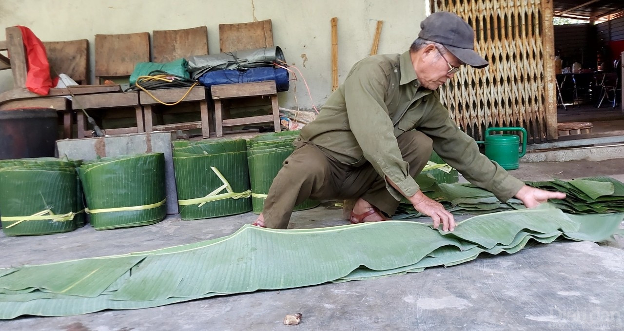 Ông Mạc Thanh Long thu hoạch lá chuối rừng để gom hàng bán cho thương lái chở đi các tỉnh Thanh Hoá, Nam Định...