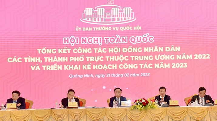 Chủ tịch Quốc hội Vương Đình Huệ và Thường trực Ban Bí thư Võ Văn Thưởng dự, phát biểu chỉ đạo Hội nghị. Ảnh: Lâm Hiển