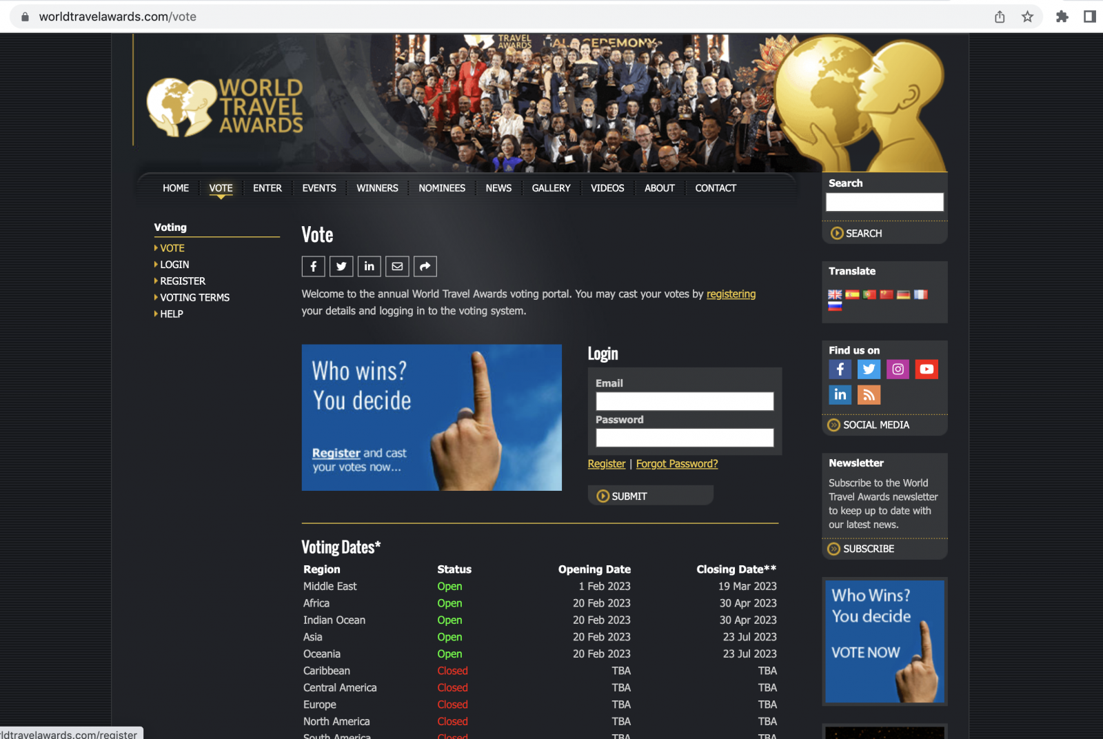 Giao diện website https://www.worldtravelawards.com/vote. 