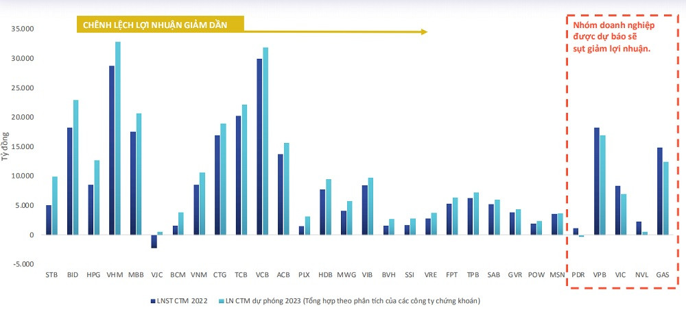 Dự phóng lợi nhuận của nhóm VN30 năm 2023. Nguồn: WiGroup