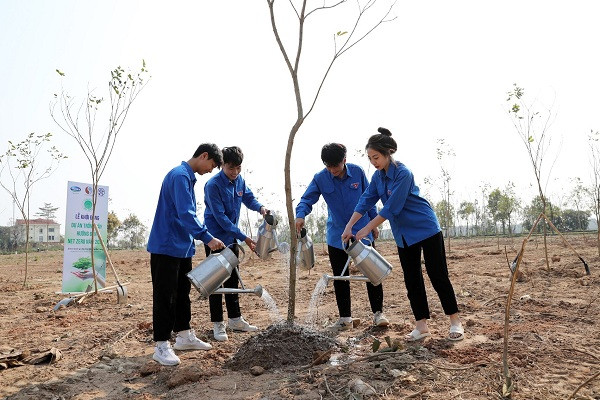 Các đoàn viên thanh niên cũng hăng hái tham gia trồng cây để góp phần bảo vệ môi trường, nâng cao môi trường sống tại huyện Mê Linh – “cột mốc xanh” đầu tiên của dự án.