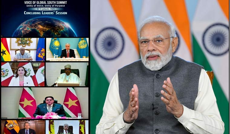 Thủ tướng Ấn Độ Narendra Modi, bên phải, tại phiên khai mạc Hội nghị thượng đỉnh Tiếng nói toàn cầu Nam 2023 vào ngày 12 tháng 1.