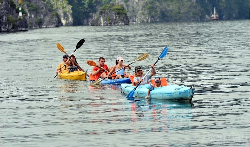 Du khách chèo thuyền kayak tại Cát Bà