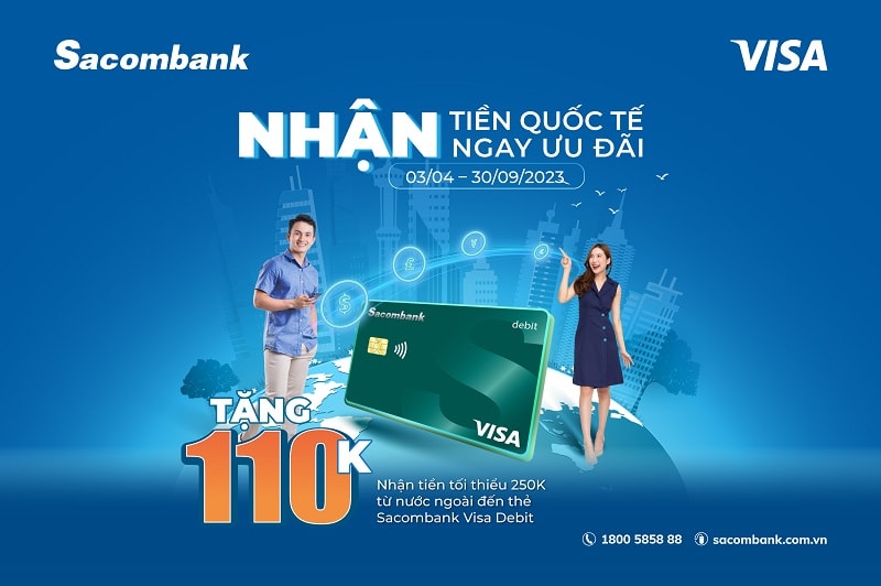 Từ nay đến hết ngày 30/9/2023, Sacombank triển khai chương trình khuyến mãi hấp dẫn dành cho khách hàng nhận tiền quốc tế bằng thẻ thanh toán Sacombank Visa.