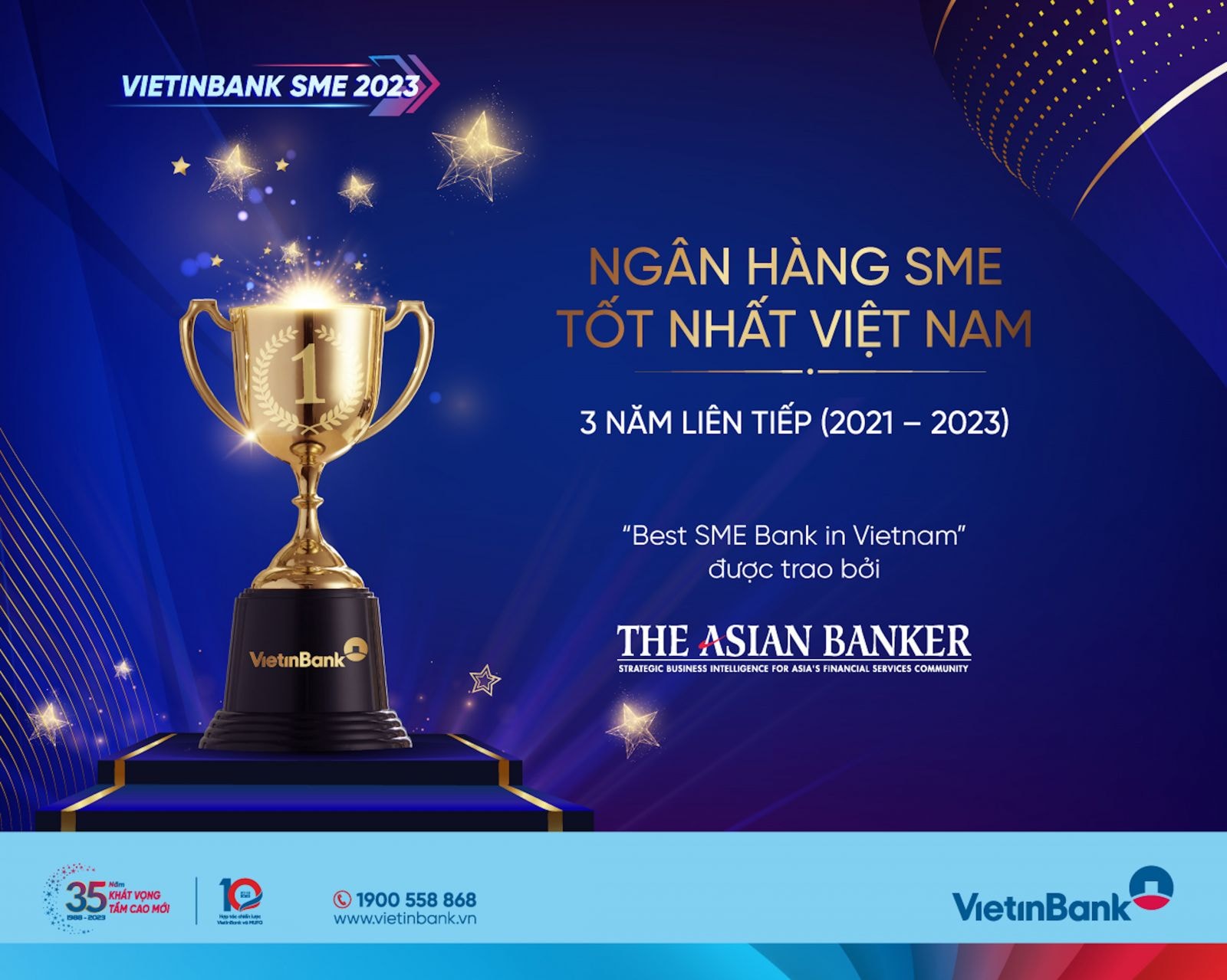 Với điểm số được đánh giá vượt trội, The Asian Banker đã trao tặng VietinBank Giải thưởng Ngân hàng SME tốt nhất Việt Nam. Cũng với điểm số này, VietinBank đã lọt vào Top 10 Ngân hàng SME tốt nhất khu vực Châu Á -Thái Bình Dương, tăng 2 bậc so với năm 2022.