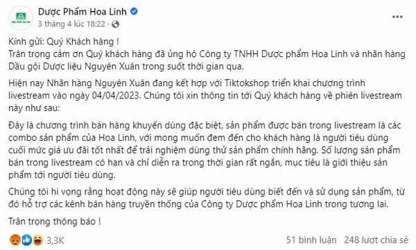 Dược phẩm Hoa Linh đã đăng đàn gửi lời xin lỗi đến các nhà phân phối và đại lý.