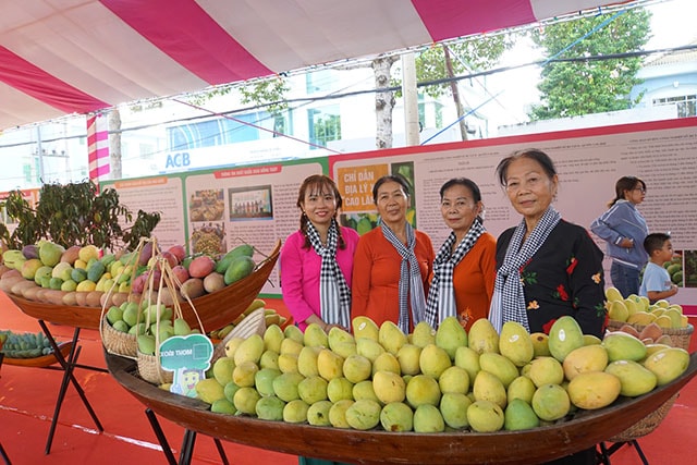 Khách tham quan chụp ảnh check in tại không gian triển lãm sản phẩm từ xoài