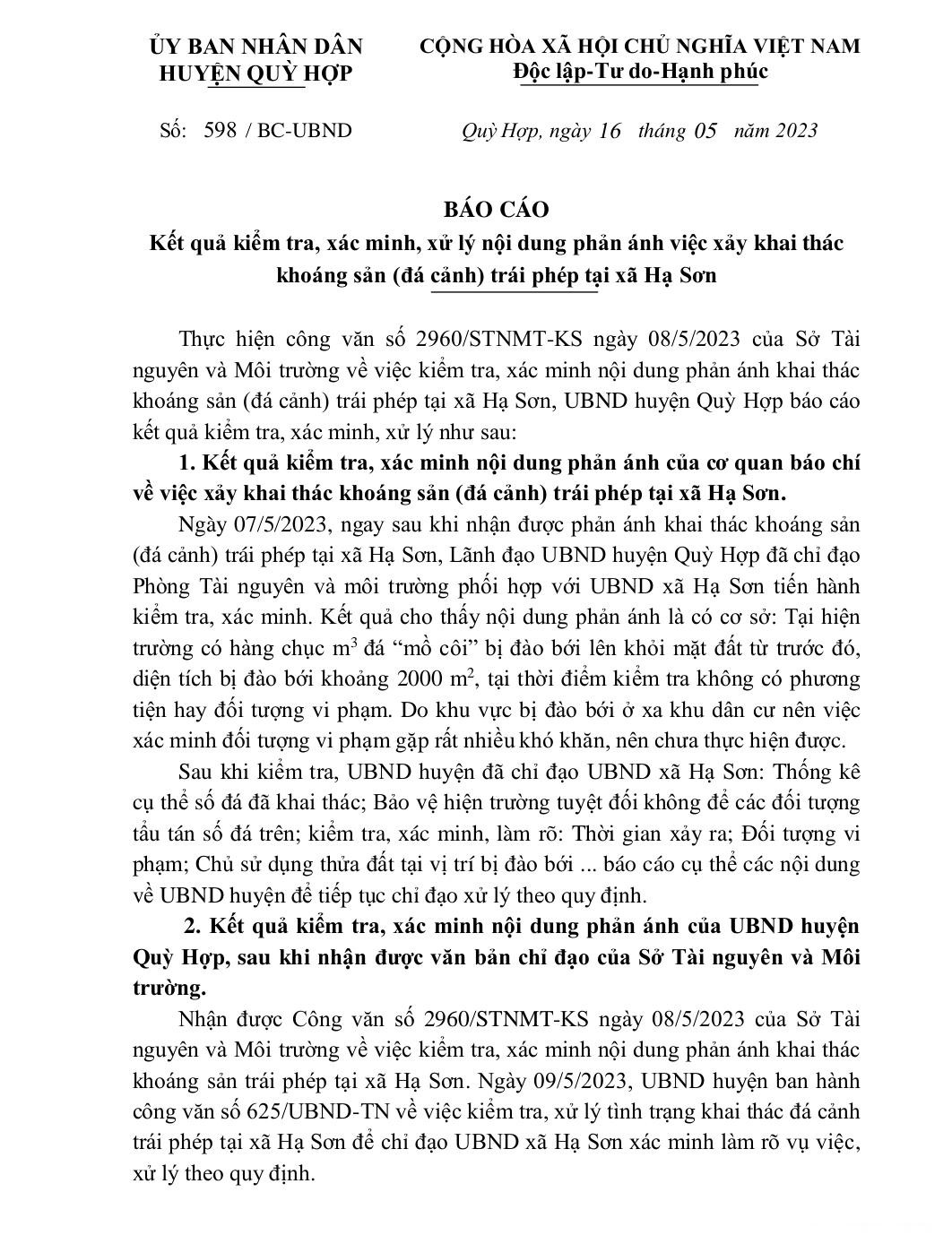 Văn bản báo cáo của UBND huyện Quỳ Hợp khẳng định những thông tin mà báo chí phản ánh là có cơ sở