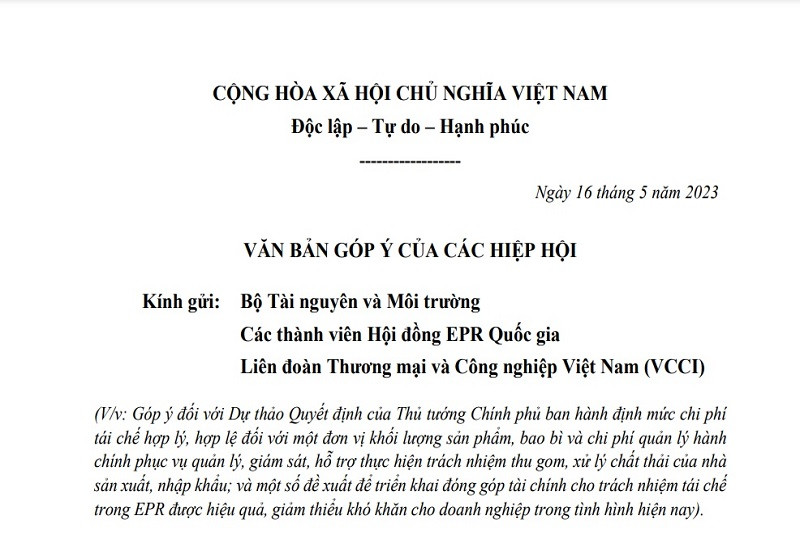 Văn bản góp ý của 14 hiệp hội doanh nghiệp gửi Thủ tướng Chính phủ, Bộ Tài nguyên và Môi trường, Liên đoàn Thương mại và Công nghiệp Việt Nam (VCCI)