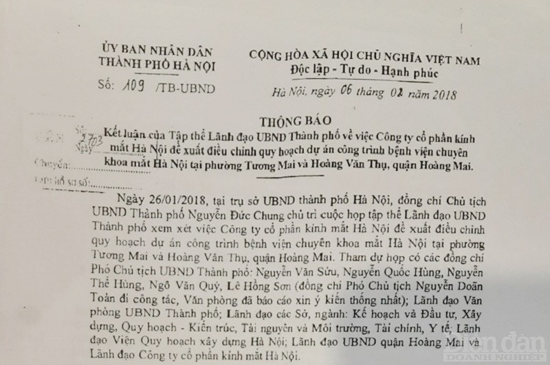 hông báo số 109/TB-UBND truyền đạt kết luận và chỉ đạo của Chủ tịch UBND Thành phố về đề xuất điều chỉnh quy hoạch dự án của Nhà đầu tư - Công ty Cổ phần Kính mắt Hà Nội