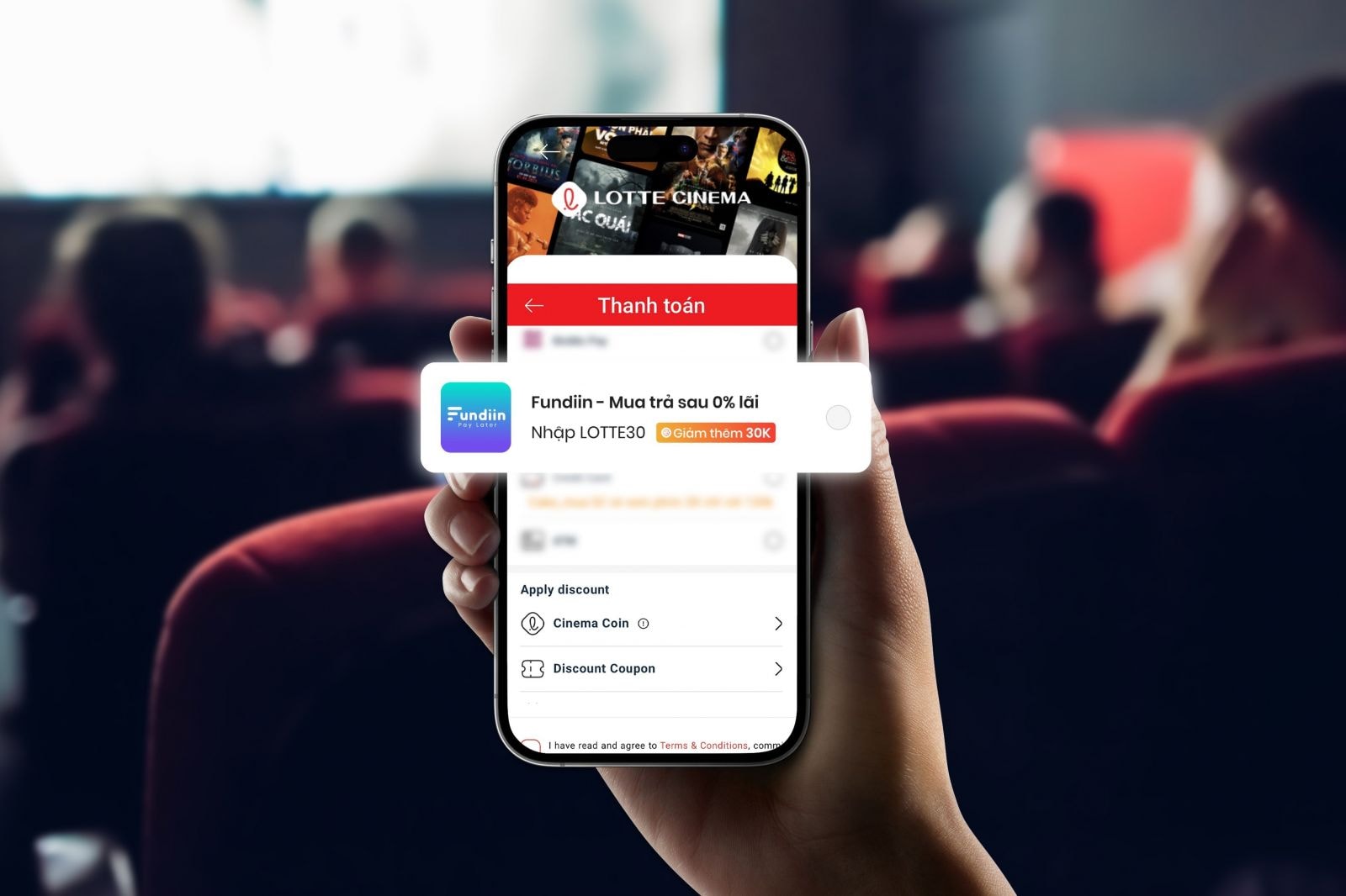 Khán giả có thể chọn Fundiin làm hình thức thanh toán khi mua vé xem phim tại ứng dụng và website LOTTE Cinema