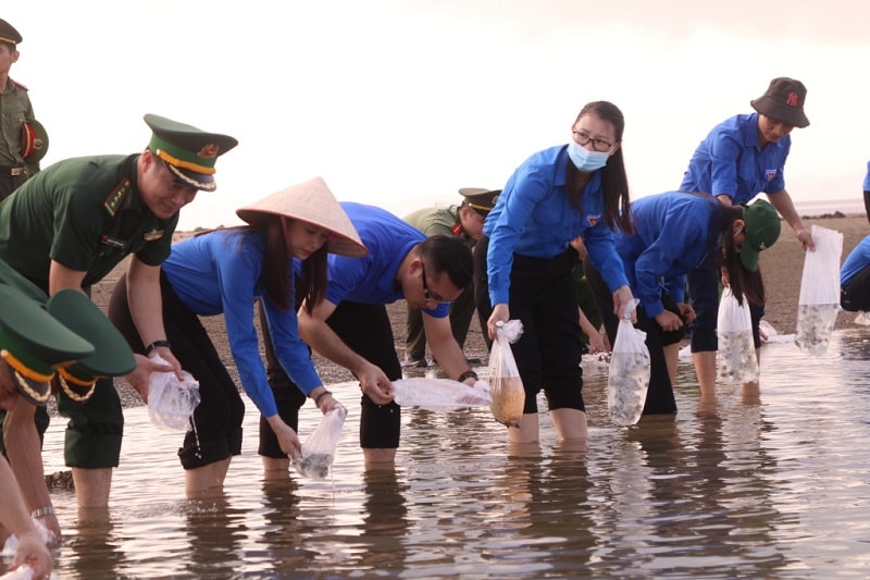 Cán bộ, ĐVTN và cán bộ, chiến sỹ tham gia thả con giống tái tạo nguồn lợi thủy sản. (báo Quảng Ninh)