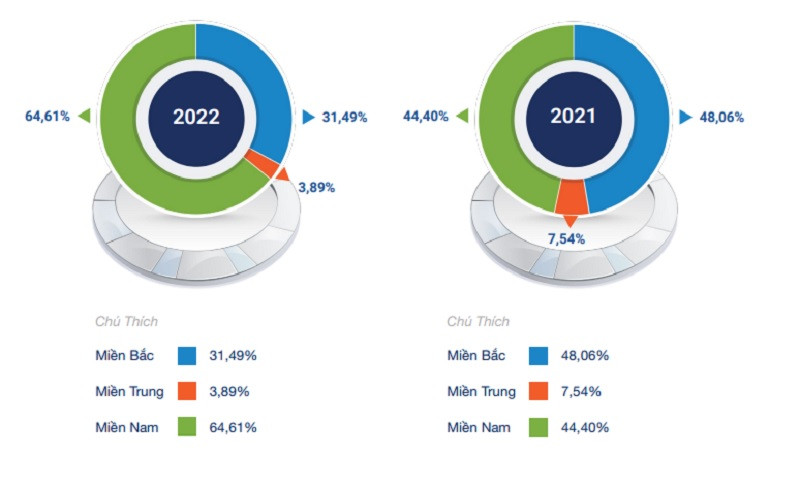 Cơ cấu doanh thu theo vùng miền của Ricons có sự dịch chuyển từ năm 2022.