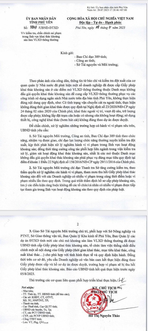Ngày 28/7/2023, UBND tỉnh Phú Yên chính thức ban hành văn bản số 3829/UBND-ĐTXD về việc kiểm tra, chấn chỉnh sai phạm trong lĩnh vực khai thác khoáng sản làm VLXD thông thường