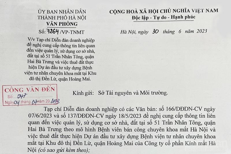 UBND TP. Hà Nội đã có văn bản số 7264/VP-TNMT chỉ đạo Sở Tài nguyên và Môi trường TP. Hà Nội phối hợp cung cấp thông tin