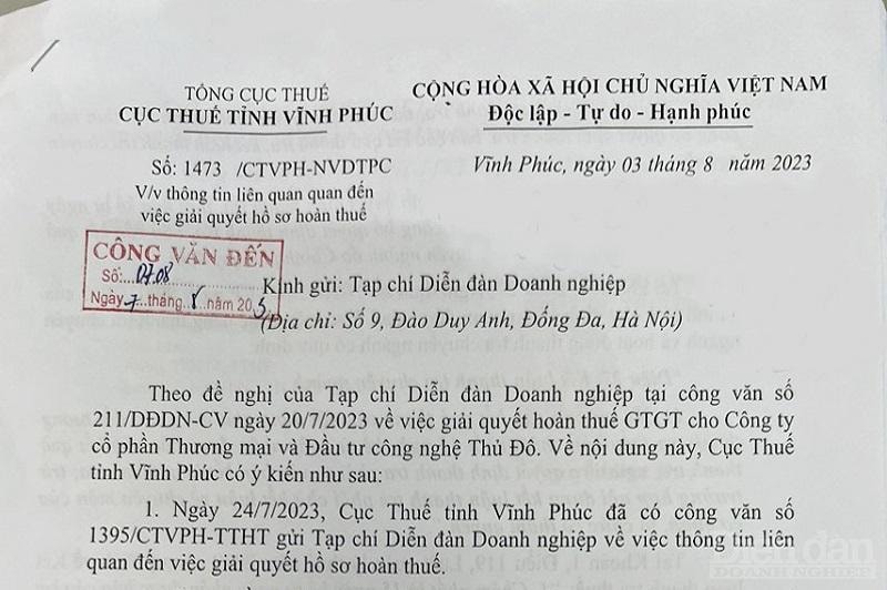 Văn bản phản hồi của Cục Thuế tỉnh Vĩnh Phúc cho Diễn đàn Doanh nghiệp