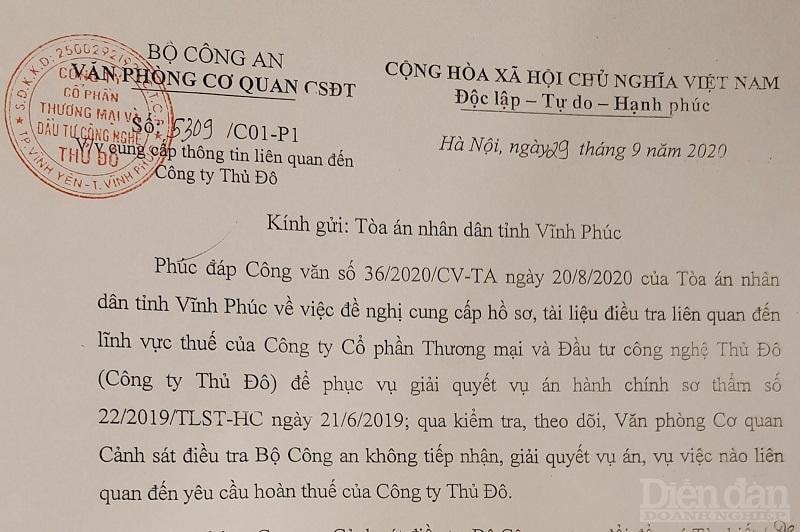 Văn bản Cơ quan Cảnh sát điều tra - Bộ Công an gửi TAND tỉnh Vĩnh Phúc