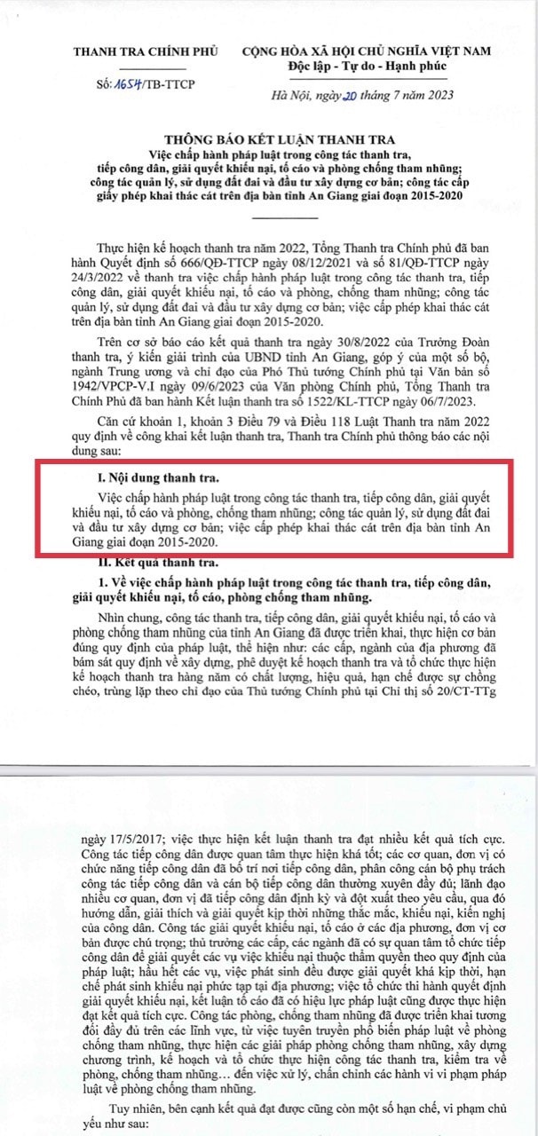 Thanh tra Chính phủ đã công bố thông báo kết luận thanh tra, trong đó nhắc đến 