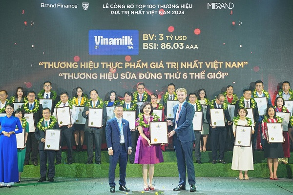 Bà Bùi Thị Hương, Giám đốc Điều hành, đại diện Vinamilk đón nhận các chứng nhận từ Brand Finance - Ảnh: Mibrand