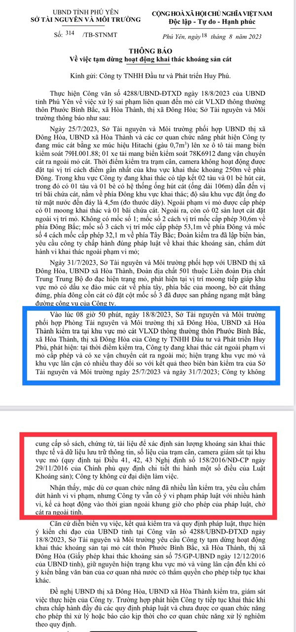 văn bản số 314/TB-STNMT, ngày 18/8/2023 về việc tạm dừng hoạt động khai thác khoáng sản cát VLXD thông thường tại thôn Phước Bình Bắc, xã Hòa Thành, thị xã Đông Hòa đối với Công ty TNHH Đầu tư và Phát triển Huy Phú.