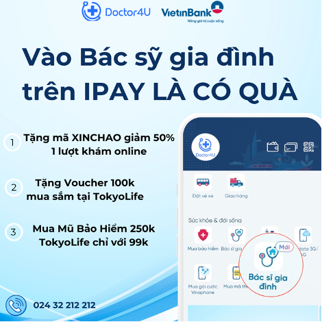 Voucher XINCHAO giảm 50% giá trị 1 lượt khám sức khỏe online khi KH truy cập app D4U trên nền app Vietinbank Ipay.