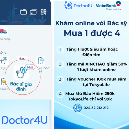 Tặng ngay 1 lượt khám Siêu âm hoặc 1 lượt Điện tim tại phòng khám Doctor4u 71 Vạn Phúc khi KH mua 1 lượt khám bất kỳ, cùng với voucher XINCHAO giảm 50% giá trị 1 lượt khám sức khỏe online tiếp theo.