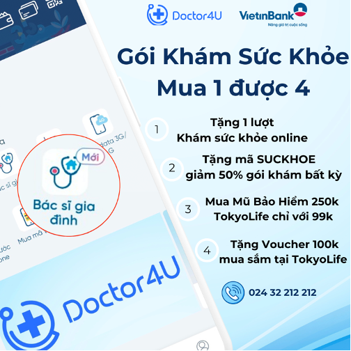 Tặng 1 lượt khám online miễn phí qua app D4U của Doctor4u và voucher SUCKHOE giảm 50% giá trị 1 gói khám bất kỳ tại phòng khám Doctor4u 71 Vạn Phúc khi KH mua 1 gói khám bất kỳ.