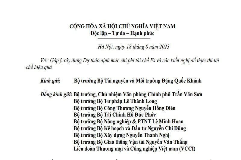 Văn bản góp ý của các Hiệp hội gửi lãnh đạo các Bộ và Liên đoàn Thương mại và Công nghiệp (VCCI), góp ý 