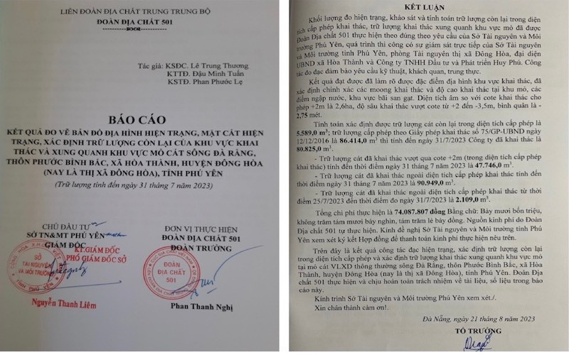 Kết luận của Đoàn đoàn địa chất 501 – Liên đoàn đị chất Trung Trung bộ về kết qủa đo đạc hiện trạng trong diện tích cấp phép của Công ty TNHH Đầu tư và Phát triển Huy Phú