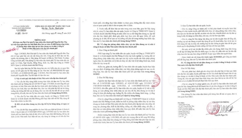 Văn phòng UBND thành phố vừa có Thông báo số 273/TB-VP truyền đạt kết luận của Phó Chủ tịch UBND thành phố Nguyễn Đức Thọ tại cuộc họp nghe báo cáo tình hình đảm bảo an toàn về chất lượng công trình, về phòng cháy chữa cháy (PCCC) tại các khu chung cư và nhà ở riêng lẽ thuộc sở hữu Nhà nước trên địa bàn thành phố.