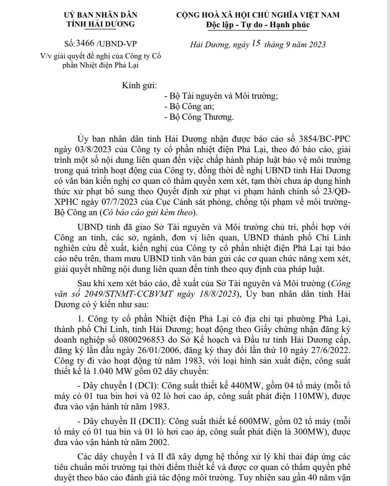 UBND tỉnh Hải Dương đã đề nghị các bộ xem xét, giải quyết đề xuất, kiến nghị của Công ty CP Nhiệt điện Phả Lại bảo đảm phù hợp quy định của pháp luật và tình hình thực tế hiện nay (Ảnh: Báo Hải Dương)