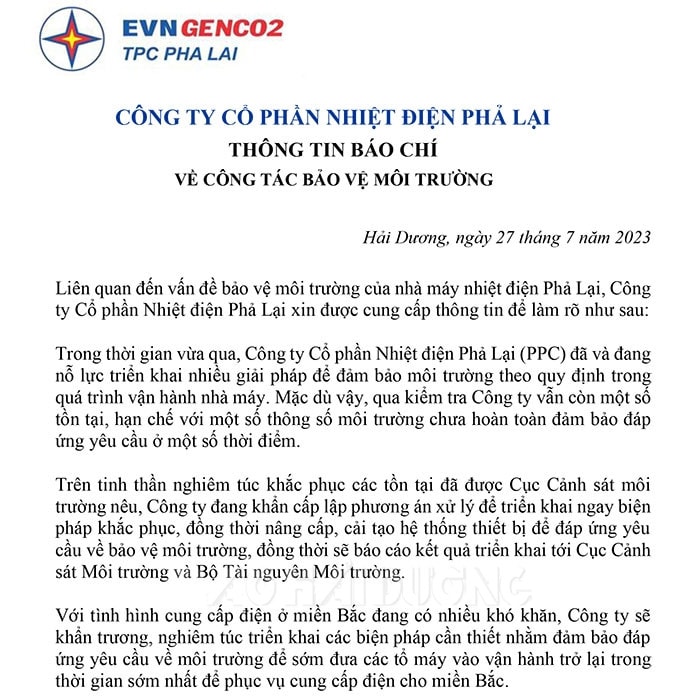 Công ty CP Nhiệt điện Phả Lại thông tin về khắc phục vi phạm môi trường (ảnh báo Hải Dương)