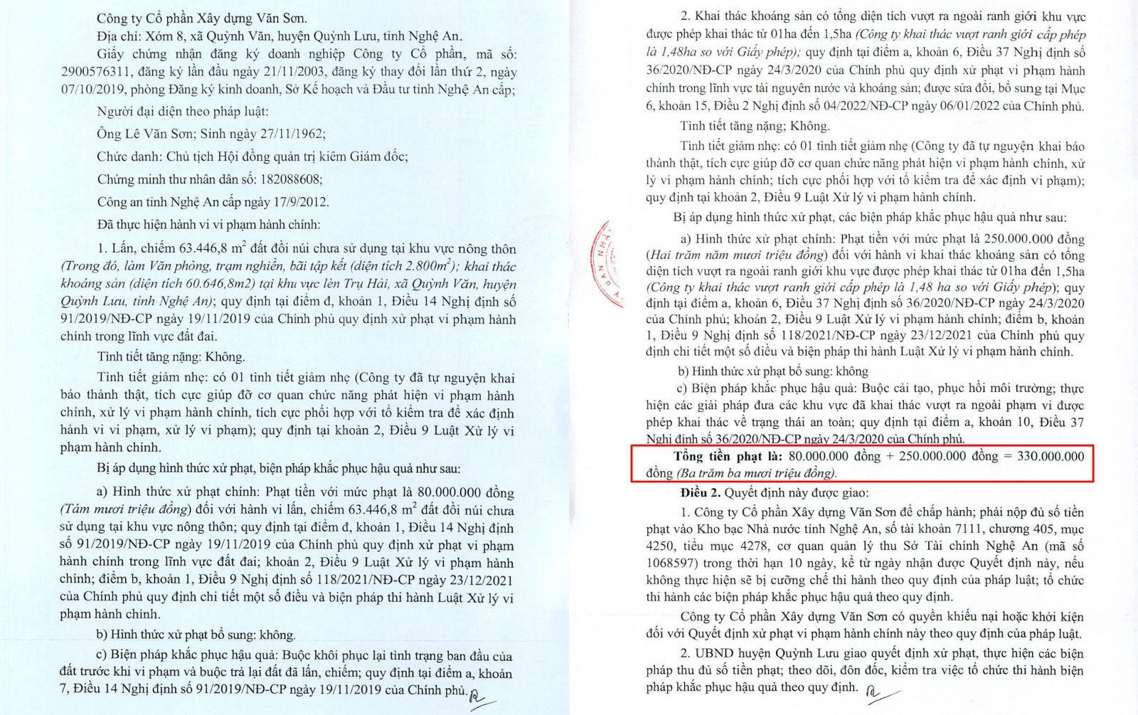 UBND tỉnh Nghệ An ra quyết định xử phạt đối với Công ty CP Xây dựng Văn Sơn với tổng số tiền 330 triệu đồng về các hành vi lấn, chiếm đất và khai thách khoáng sản ngoài phạm vi cho phép