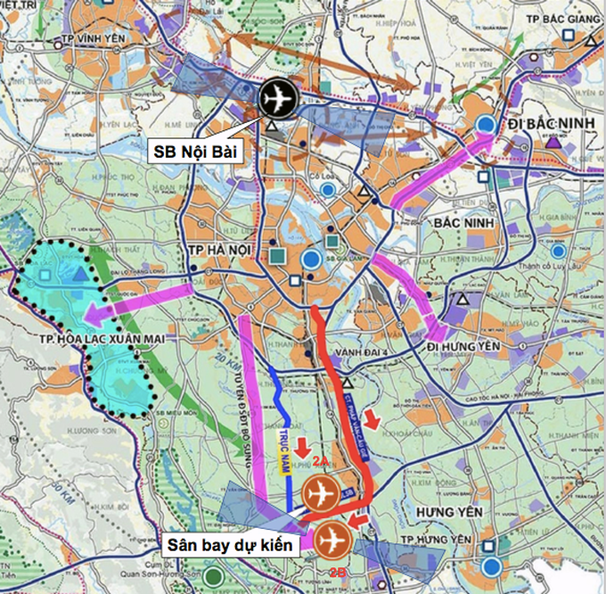 Hai phương án xây dựng sân bay thứ hai ở phía Nam Thủ đô (phương án 2A và 2B). Nguồn: Viện Quy hoạch xây dựng Hà Nội