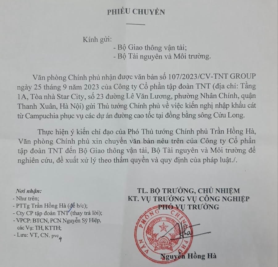 Phiếu chuyển kiến nghị của TNT Group từ Văn phòng Chính phủ tới 