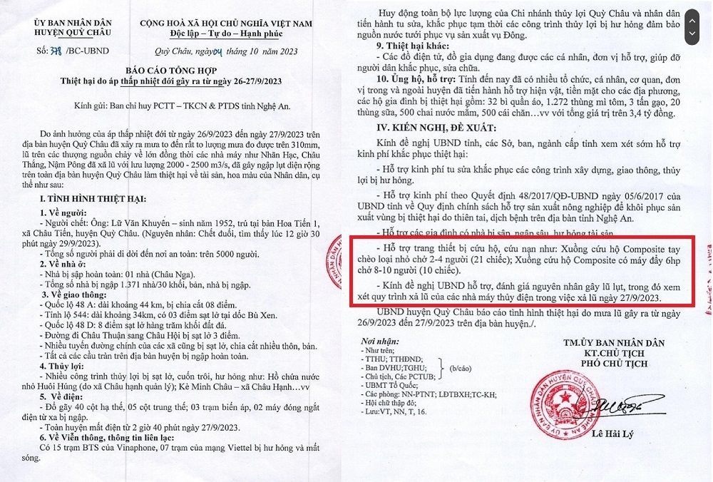 Huyện Quỳ Châu kiến nghị UBND tỉnh Nghệ An xem xét quy trình “xả lũ” của các nhà máy thủy điện trong đợt mưa bão vừa qua