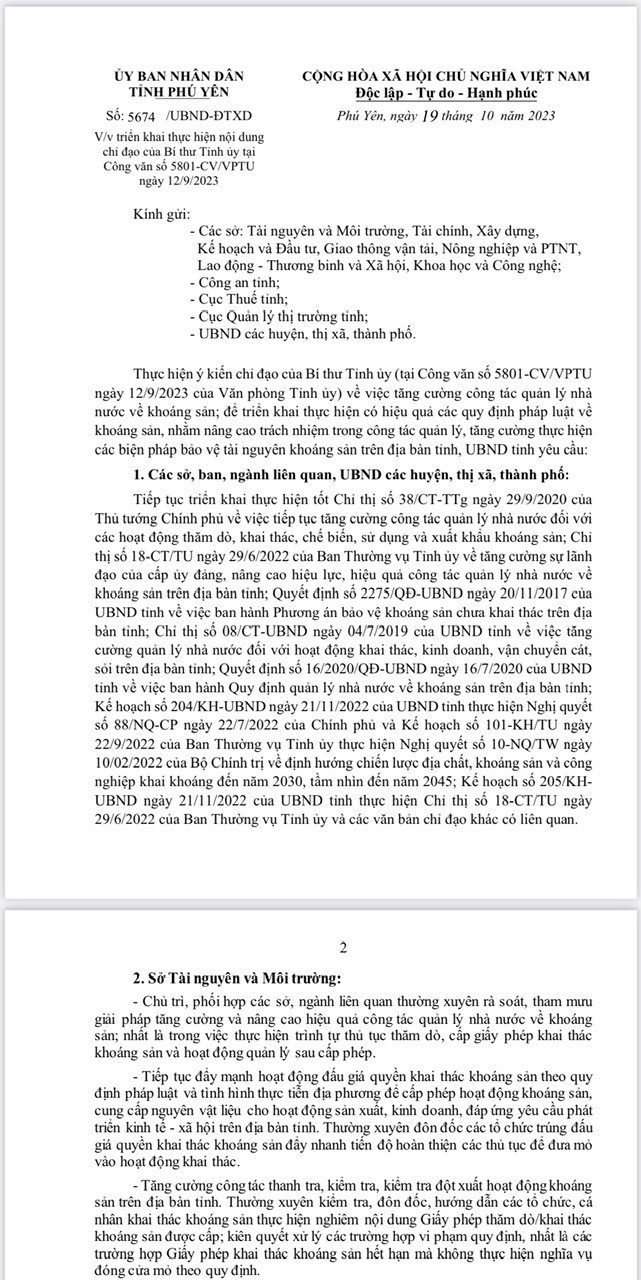 văn bản số: 5674/UBND-ĐTXD Phú Yên, ngày 19/10/2023 của UBND tỉnh Phú Yên về việc thực hiện ý kiến chỉ đạo của Bí 