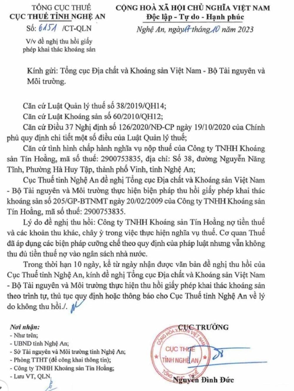 Nợ thuế hơn 11 tỷ đồng, Công ty TNHH Khoáng sản Tín Hoằng bị đề nghị thu hồi giấy phép khai thác khoáng sản