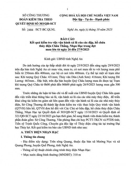 Báo cáo kết quả kiểm tra việc vận hành xả lũ của các đập, hồ chứa thủy điện Châu Thắng, Nhạn Hạc