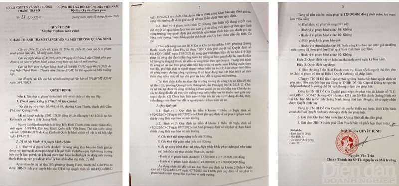 Quyết định xử phạt vi phạm hành chính với 2 hành vi vi phạm được đoàn liên ngành chỉ ra sau khi kiểm tra thực tế, Công ty TNHH Đỗ Gia Capital bị xử phạt 125 triệu đồng