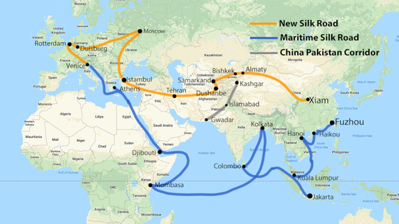 p/Màu vàng là Con đường tơ lụa mới, màu xanh là Con đường tơ lụa trên biển, màu xám là Hành lang kinh tế Trung Quốc–Pakistan. Ảnh: FOX News 