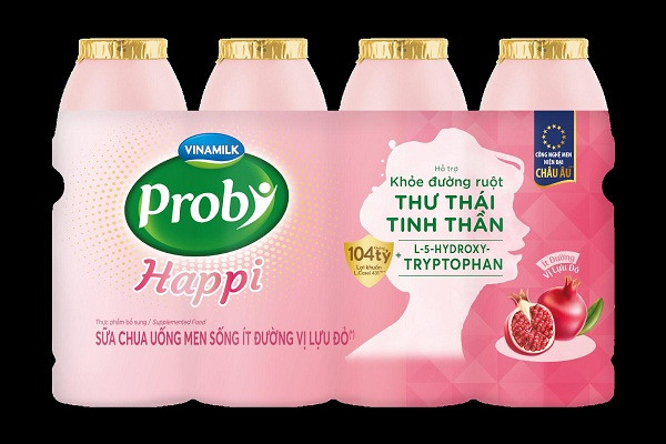 Sữa chua uống men sống ít đường vị lựu đỏ Probi Happi, bổ sung 104 tỷ lợi khuẩn Probiotics L. Casei 431TM từ Châu Âu, cùng L-5-Hydroxytryptophan giúp thư thái tinh thần.