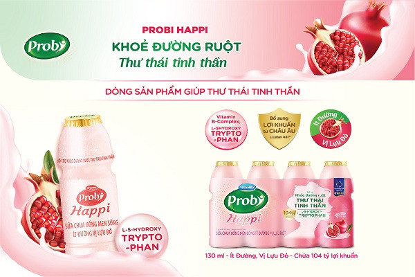 Sữa chua uống men sống ít đường vị lựu đỏ Probi Happi, bổ sung khoảng 104 tỉ lợi khuẩn Probiotics L. Casei 431TM từ Châu Âu, cùng L-5-Hydroxytryptophan giúp khỏe đường ruột, thư thái tinh thần.