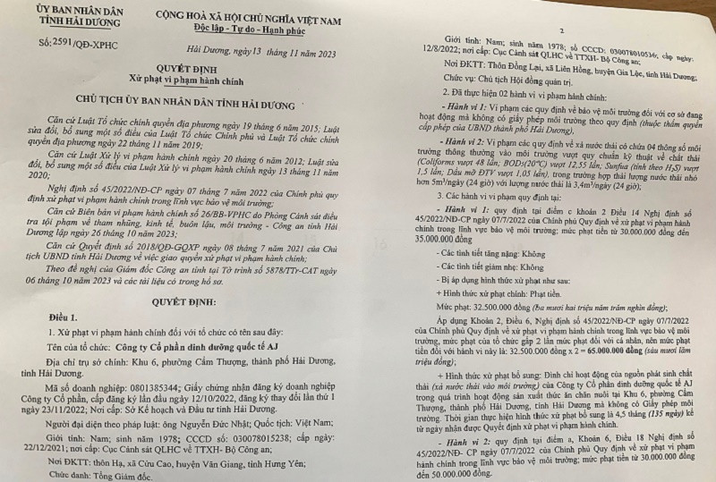Quyết định xử phạt Công ty CP Dinh dưỡng quốc tế AJ ở phường Cẩm Thượng (TP Hải Dương)